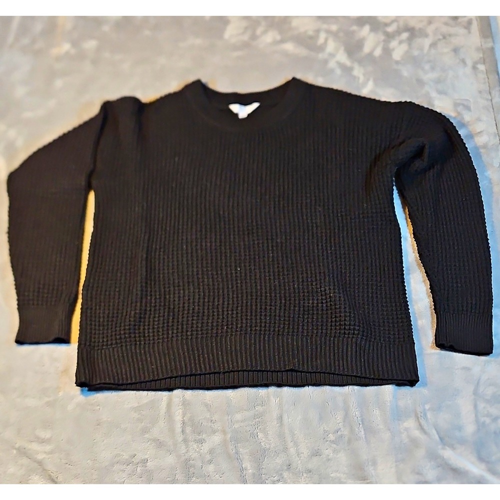 Time and Tru Black Waffle Knit Crew Neck Pullover Sweater Long Sleeve L